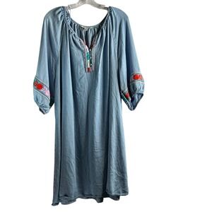 The Pioneer Woman Embroidered Tunic Dress Womens 1X Blue Boho Chambray Peasant